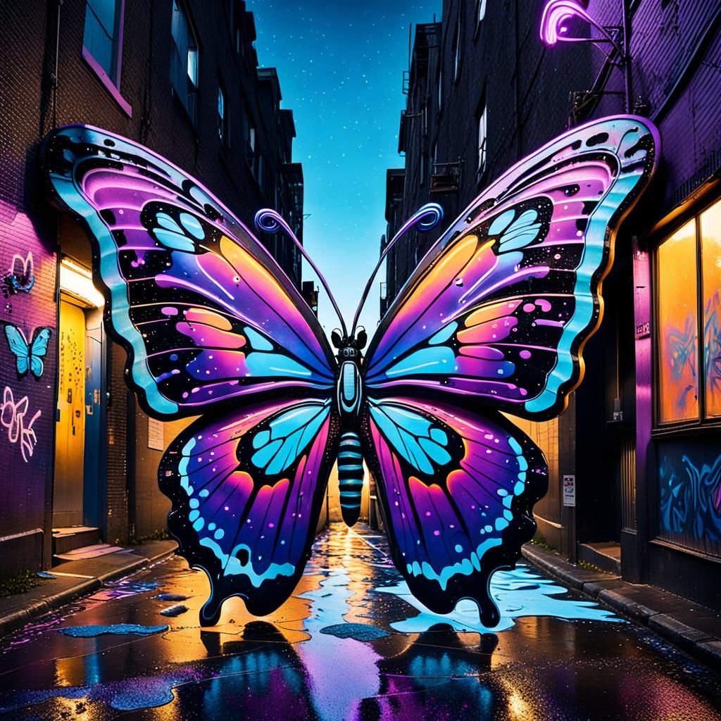 Melting Butterfly Street Art in City Alleyway