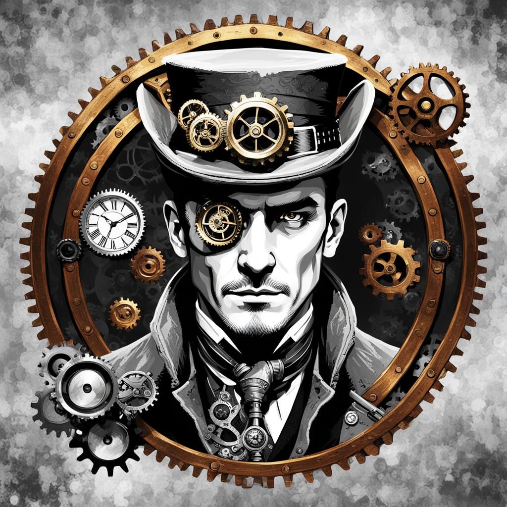 Steampunk Pirate Portrait in Grayscale Palette