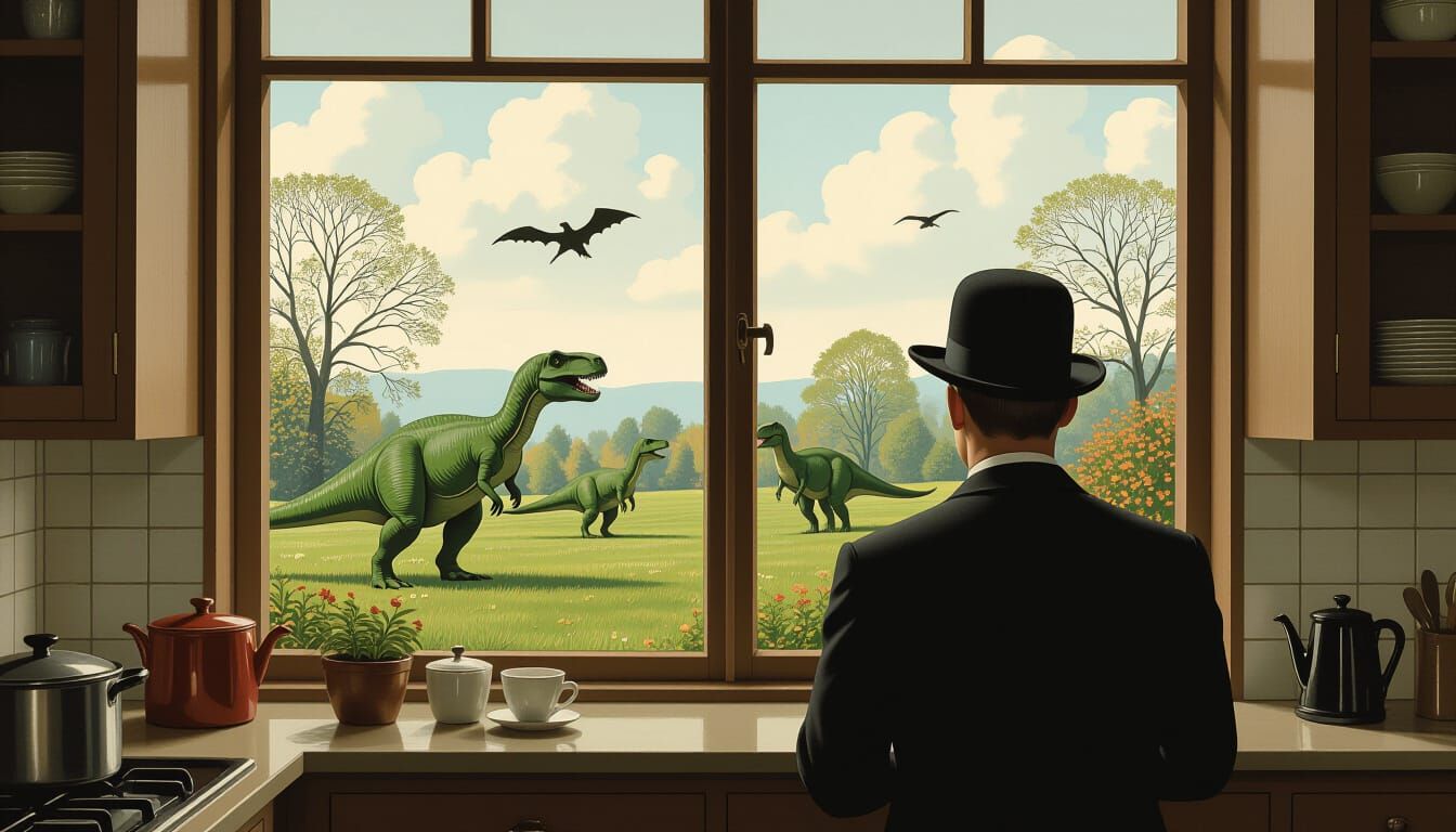 Surreal Dinosaurs in Belgian Garden as Magritte Painting