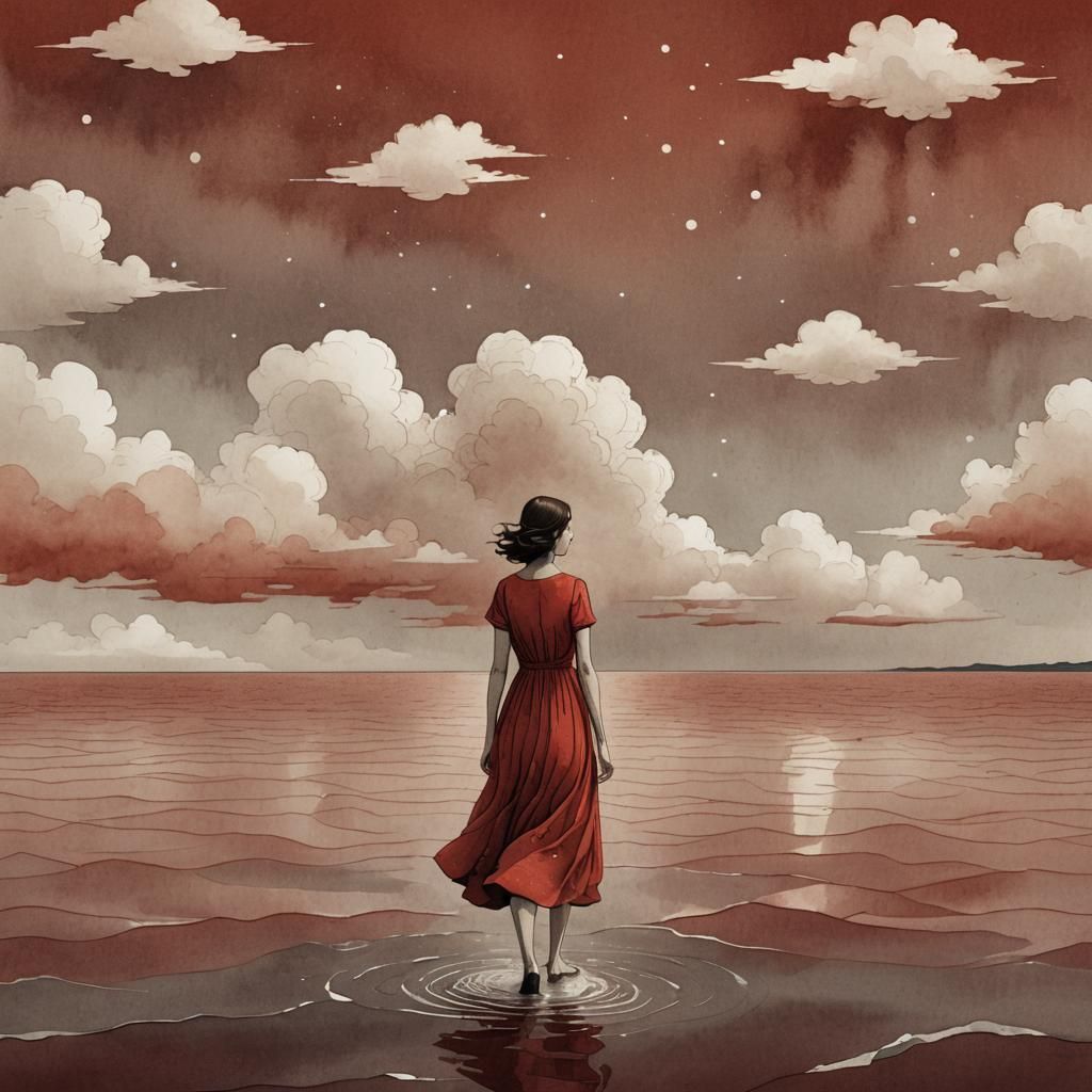Woman in Red Dress Walking on Water