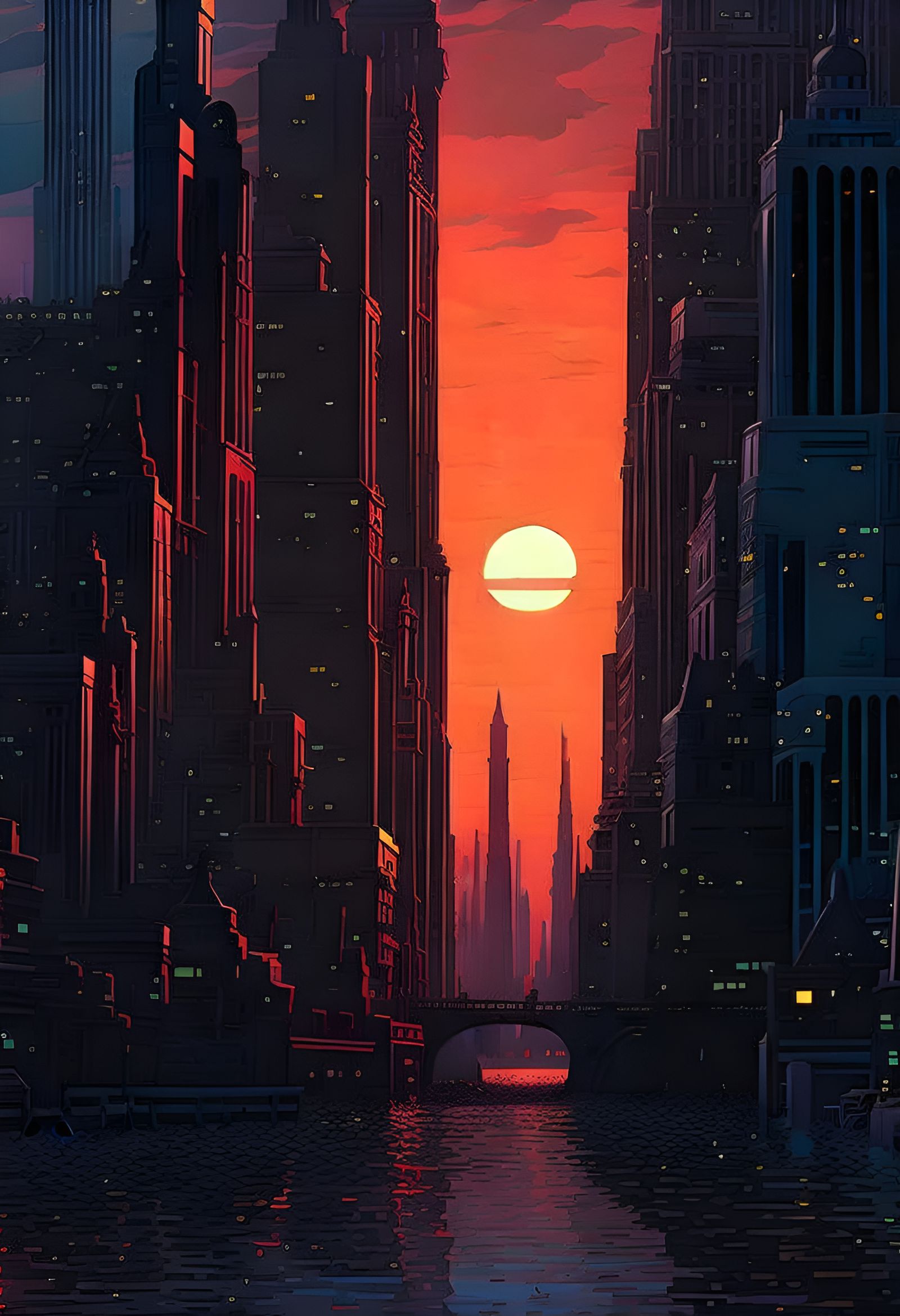 Retrofuturistic New York City in Amber and Flames