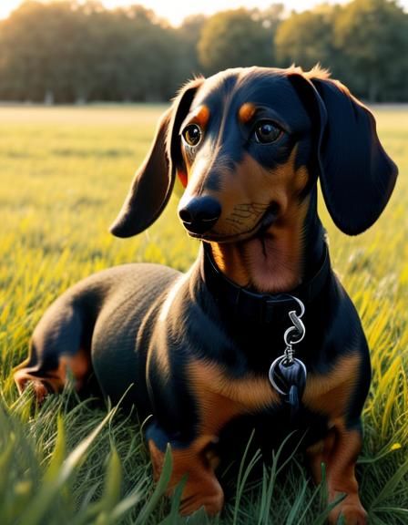 Dachshund Portrait in Grassy Field, Photorealistic Style