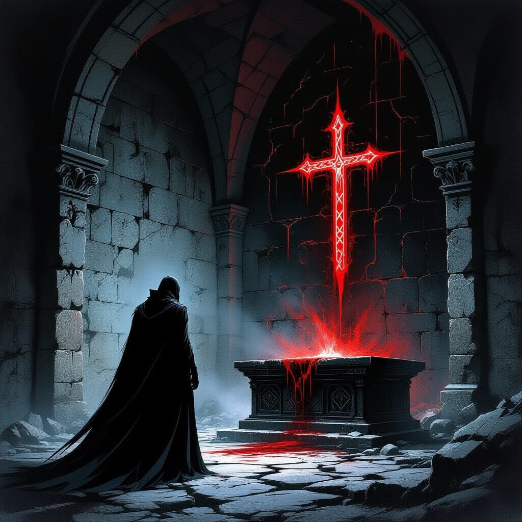 Vampire in Shadow at Obsidian Altar in Crypt