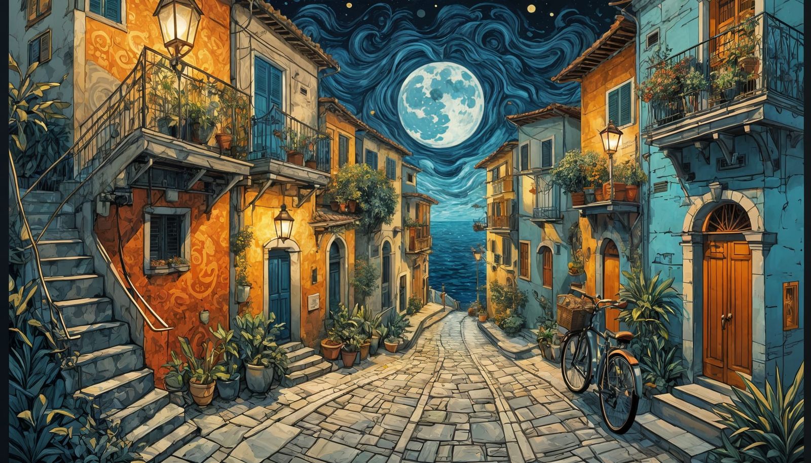 Italian Back Alleys at Night: Embossed Textured Fantasy Art