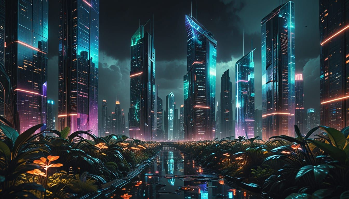 Cyberpunk Metropolis Transforms into Thriving Ecosystems wit...