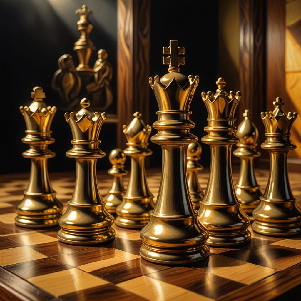 Surreal Chessboard Oil Painting with Golden Lighting
