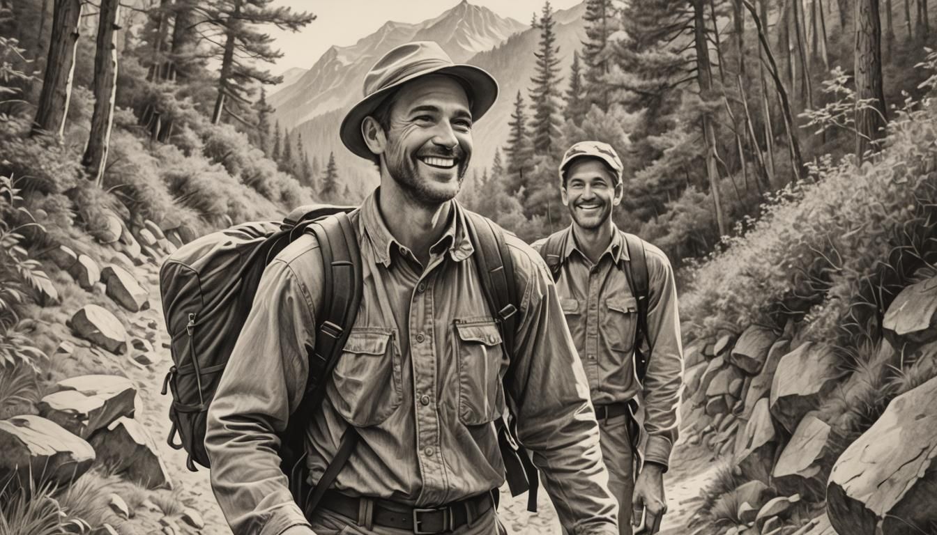 Smiling Hiker in Hand-Drawn Pencil Sketch