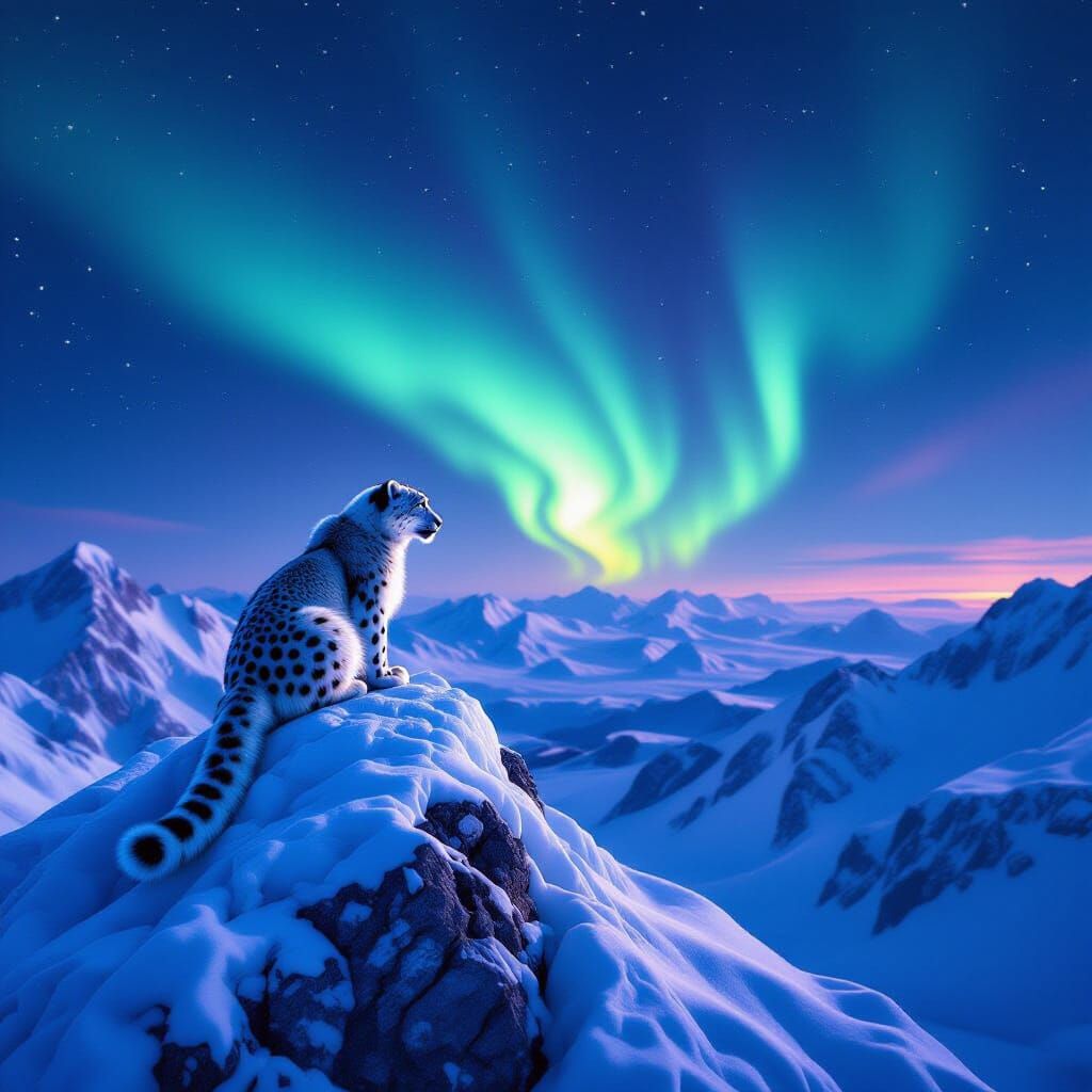 Snow Leopard in Arctic Night Under Aurora Borealis
