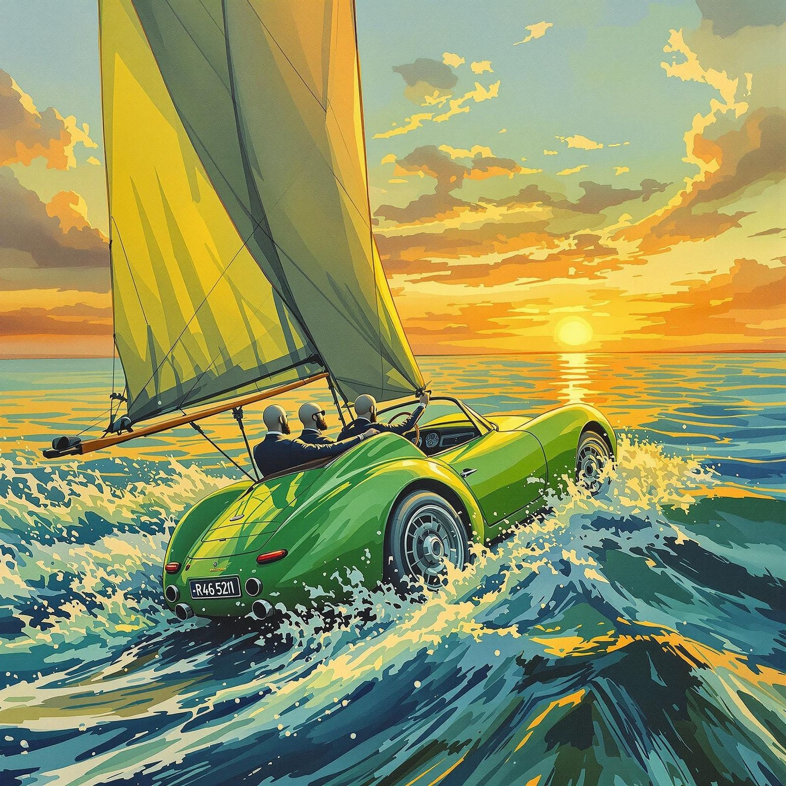 Porsche and Sailing Boat on the Afsluitdijk: Impressionist G...