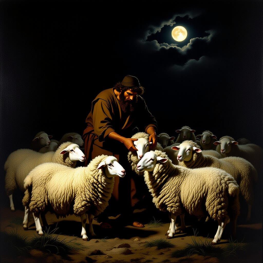 Jacob Secretly Selects Sheep in Dramatic Oil Painting Style