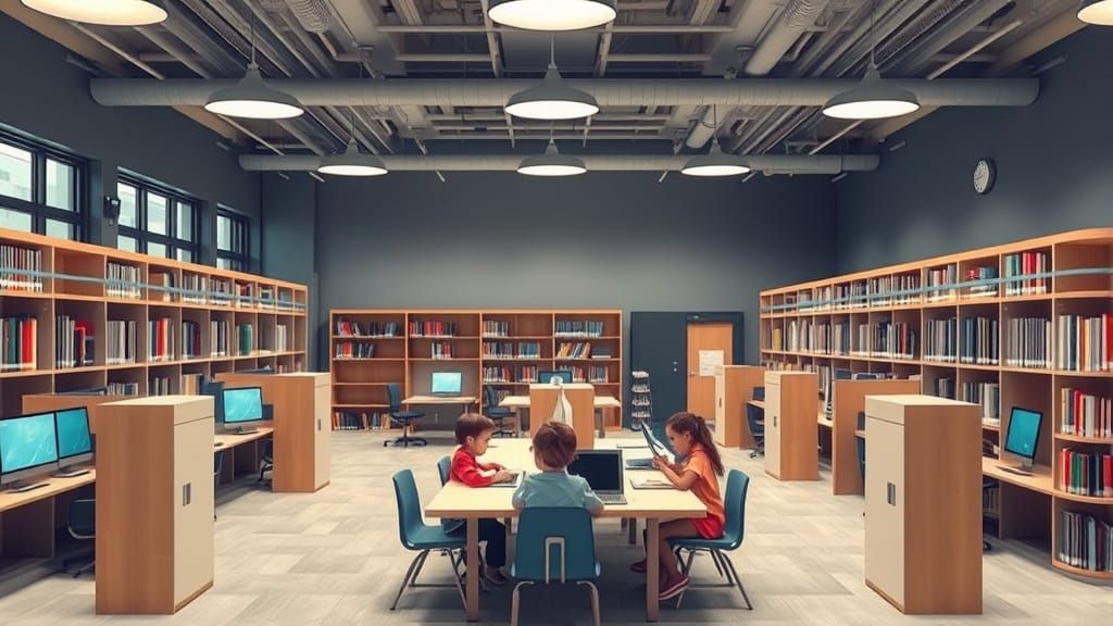 Futuristic School Library in Outer Space with Kids
