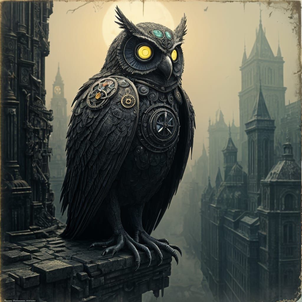 Clockwork Owl on Gargoyle Above Steampunk City