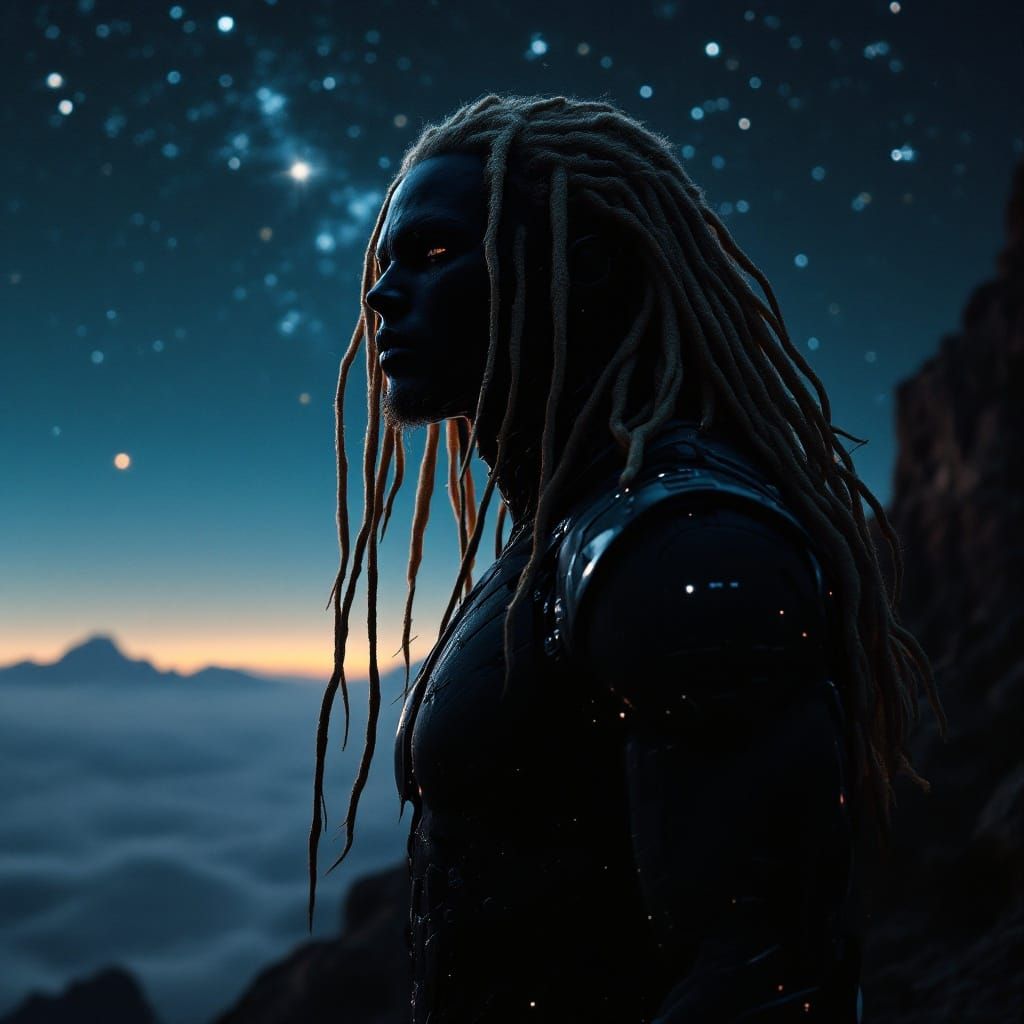 Cyberpunk Robot with Blond Dreads Gazing into Cosmos