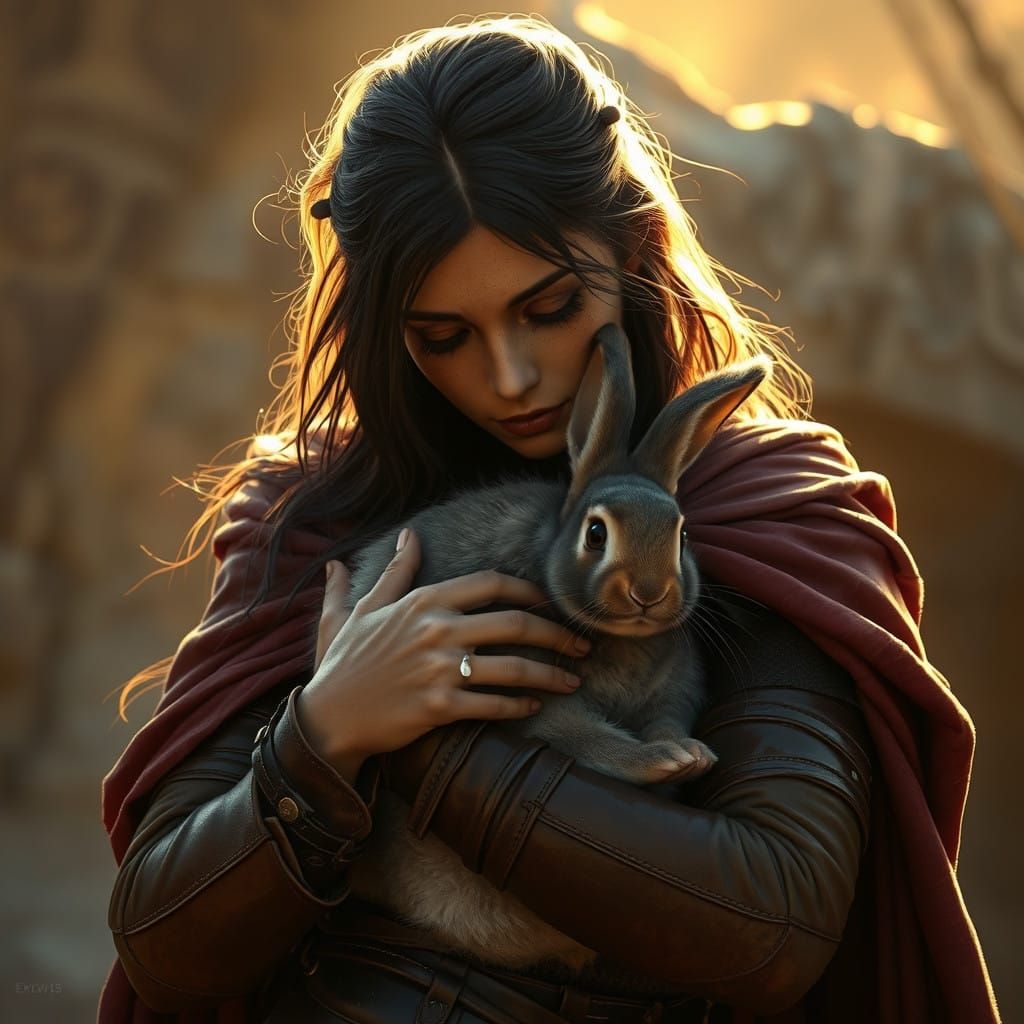 Whimsical Woman Cradles Cute Bunny in Luxurious Leather