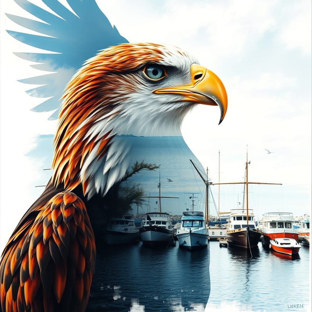Double exposure portrait painting of a Eagle.........