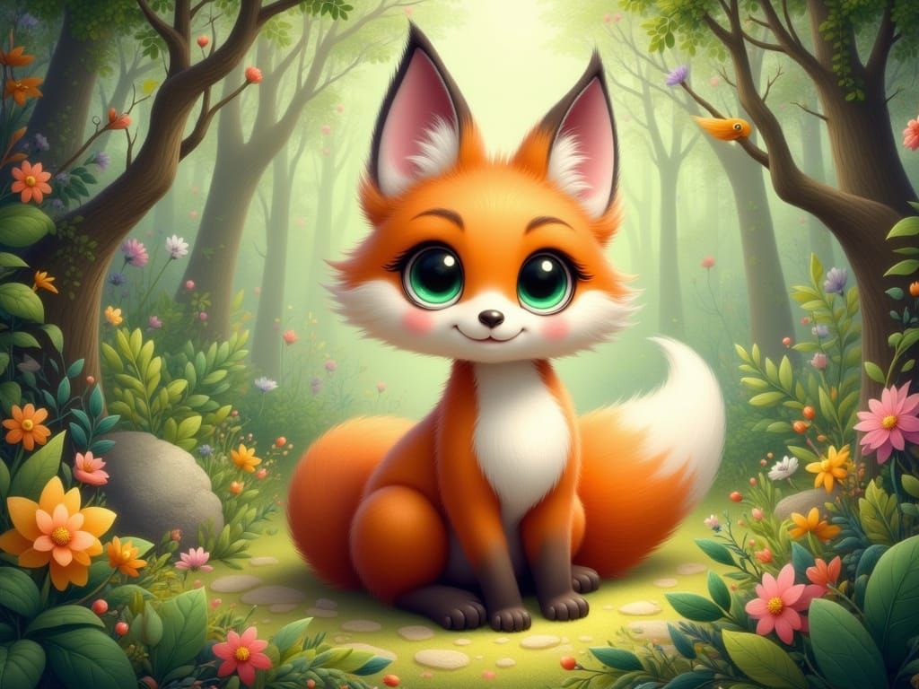 Fluffy Fox in Enchanted Forest: Fantasy Illustration