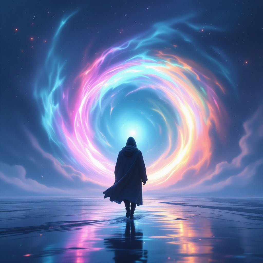 Figure Stepping into Iridescent Portal in Futuristic Style
