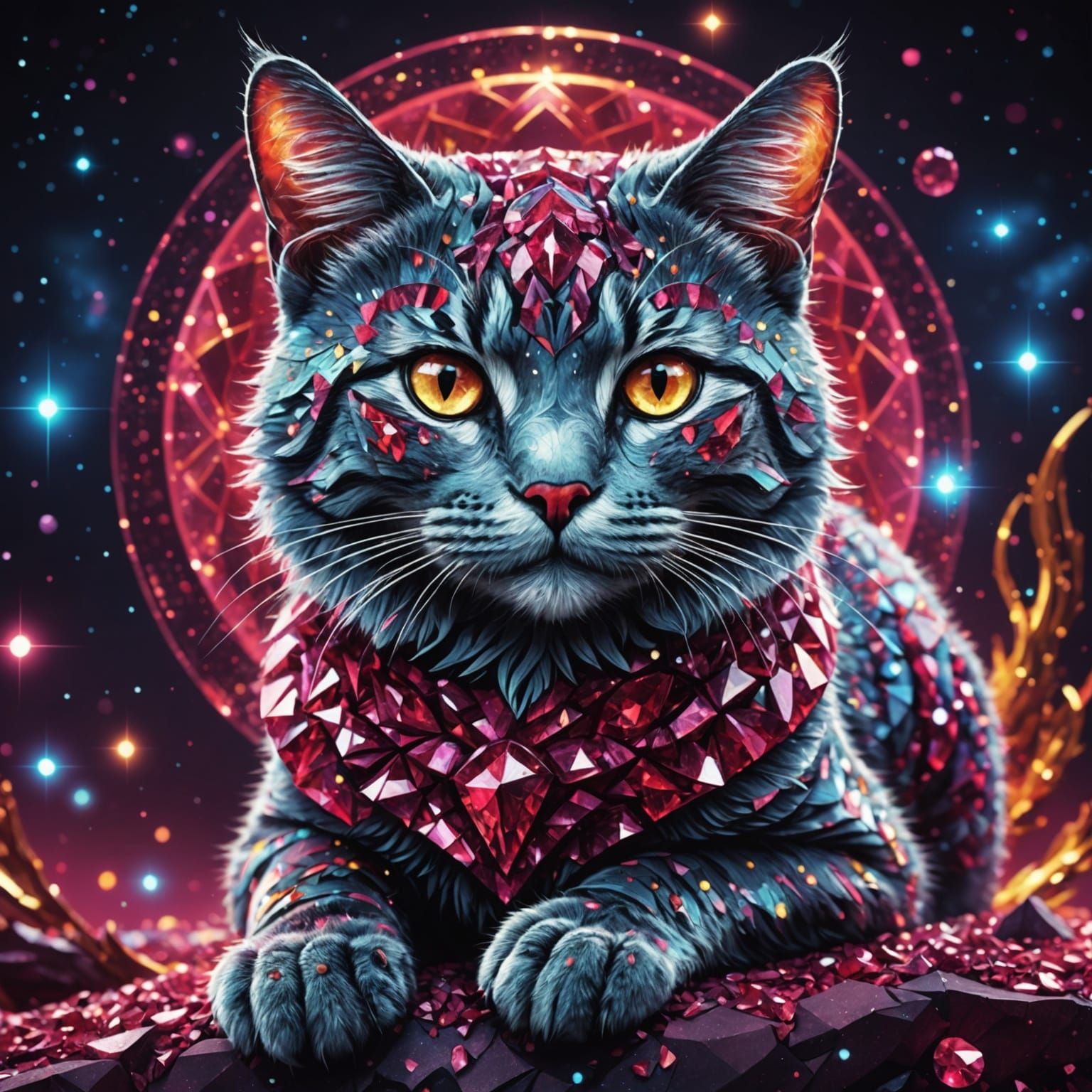 Ruby Encrusted Cat Holographic Cosmic Illustration