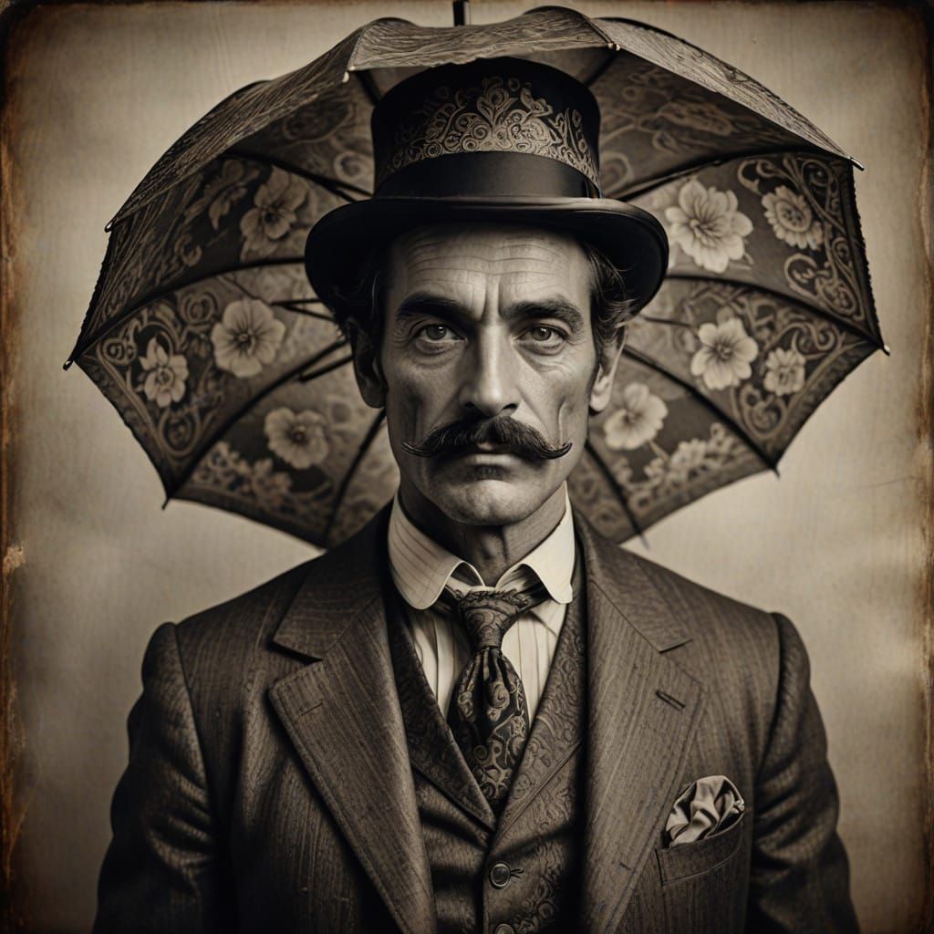 Elegant Victorian Gentleman with Umbrella Portrait in Sepia....