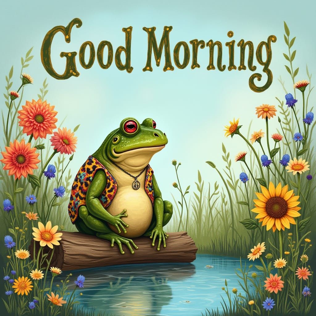 Bullfrog in Tie-Dye Vest, Vintage Storybook Illustration