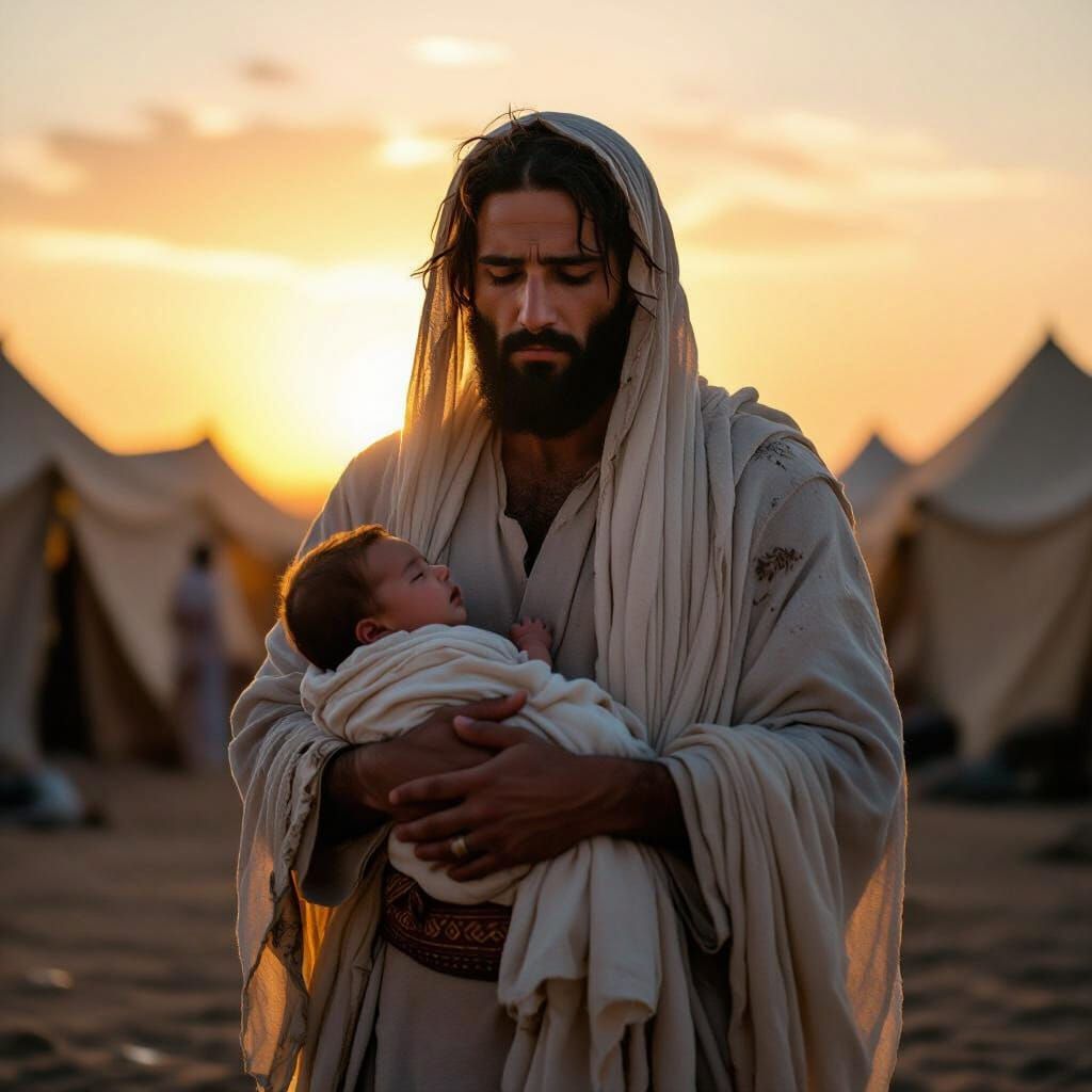 Imam Hussain with Infant Ali Asghar at Sunset