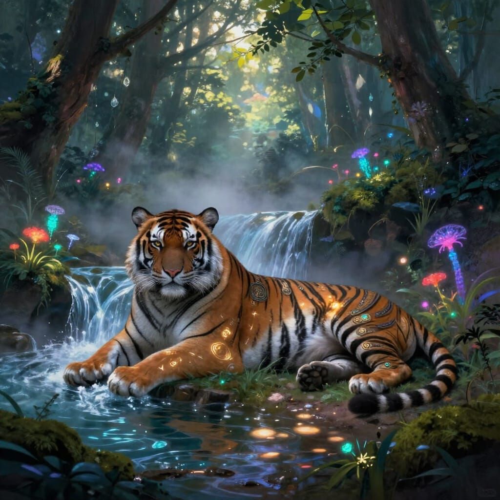 Majestic Tiger in Enchanted Forest Waterfall Scene