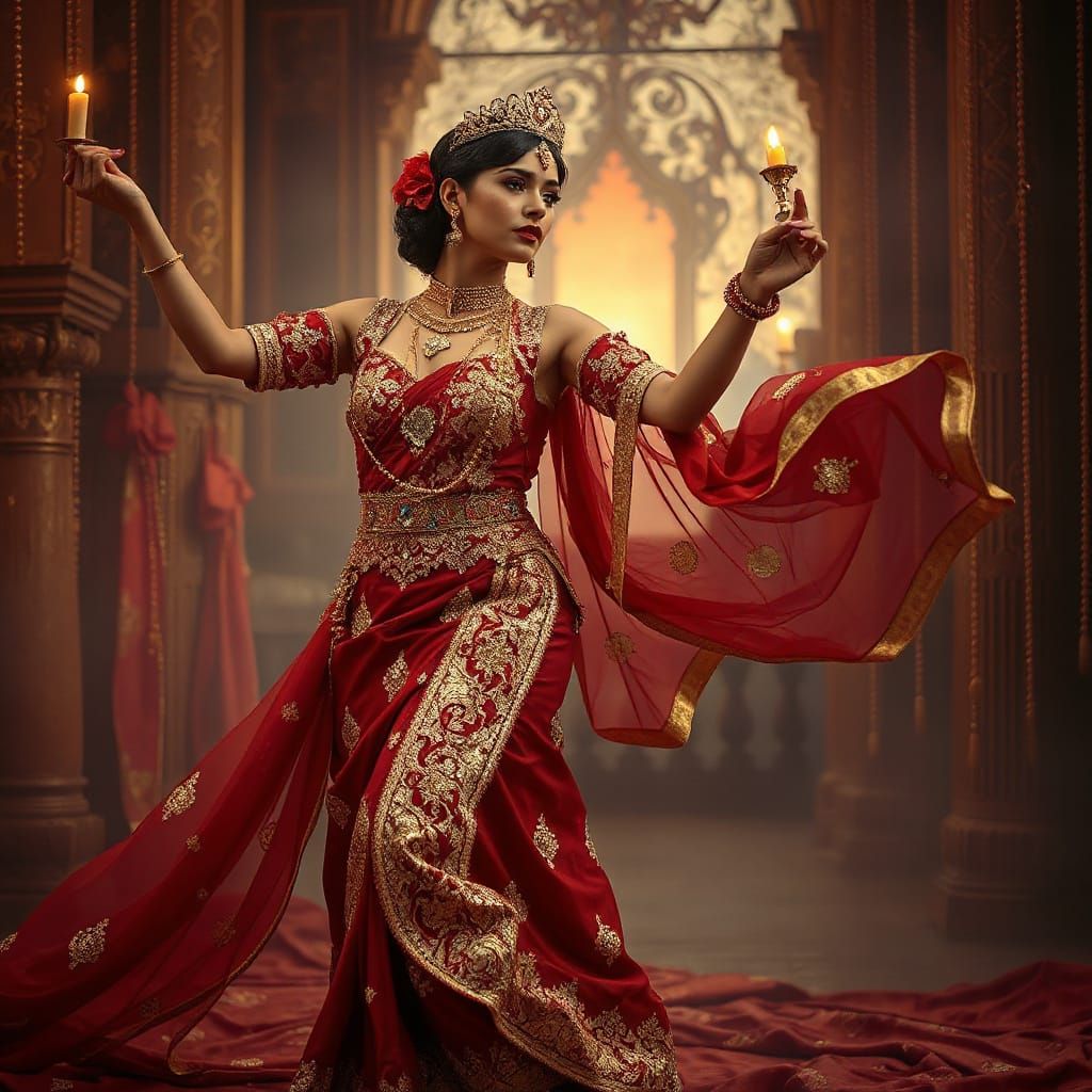Regal Steampunk Sorceress in Elegant Sari