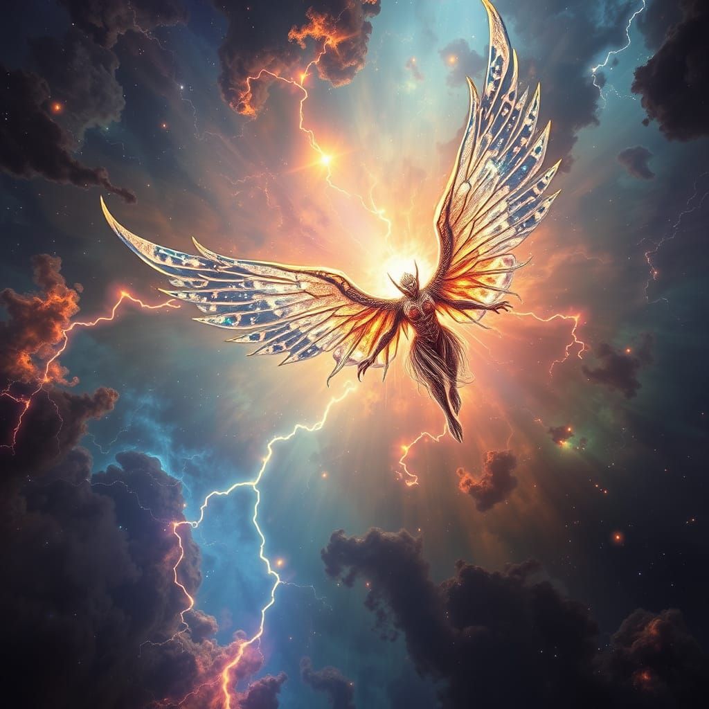 Cosmic Angel Soars Through Art Nouveau-Inspired Nebula