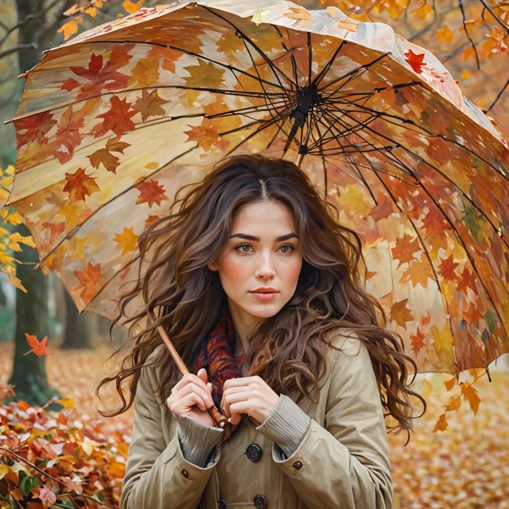 Impressionistic Woman with Umbrella in Autumn Wind