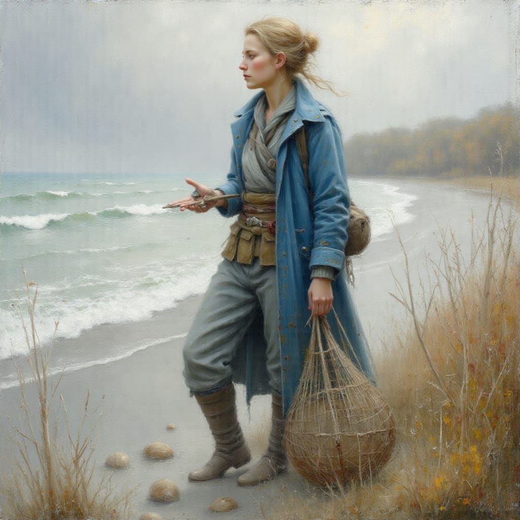 Thoughtful Fisherwoman in Foggy Coastal Scene
