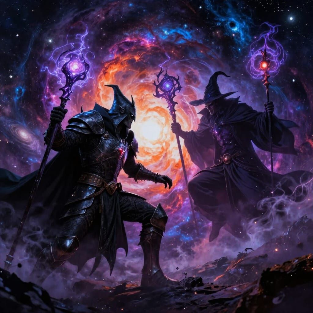 Dark Warlock vs. Cosmic Wizard in Fantasy Art Style