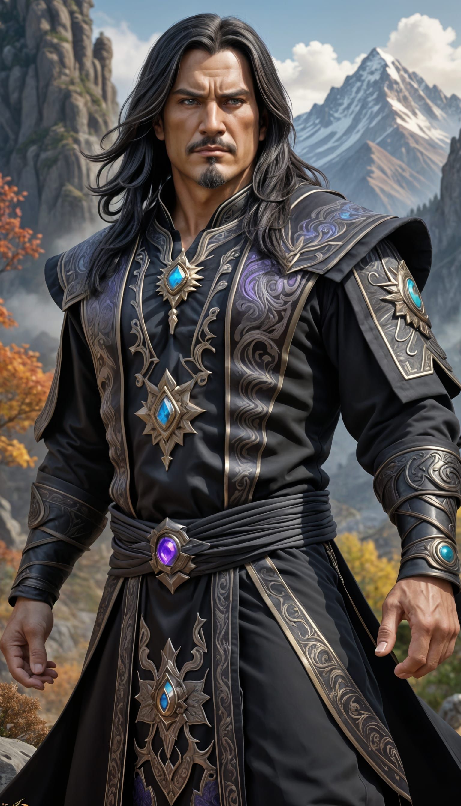 Hyperrealistic Man in Black Tunic with Mountain Backdrop