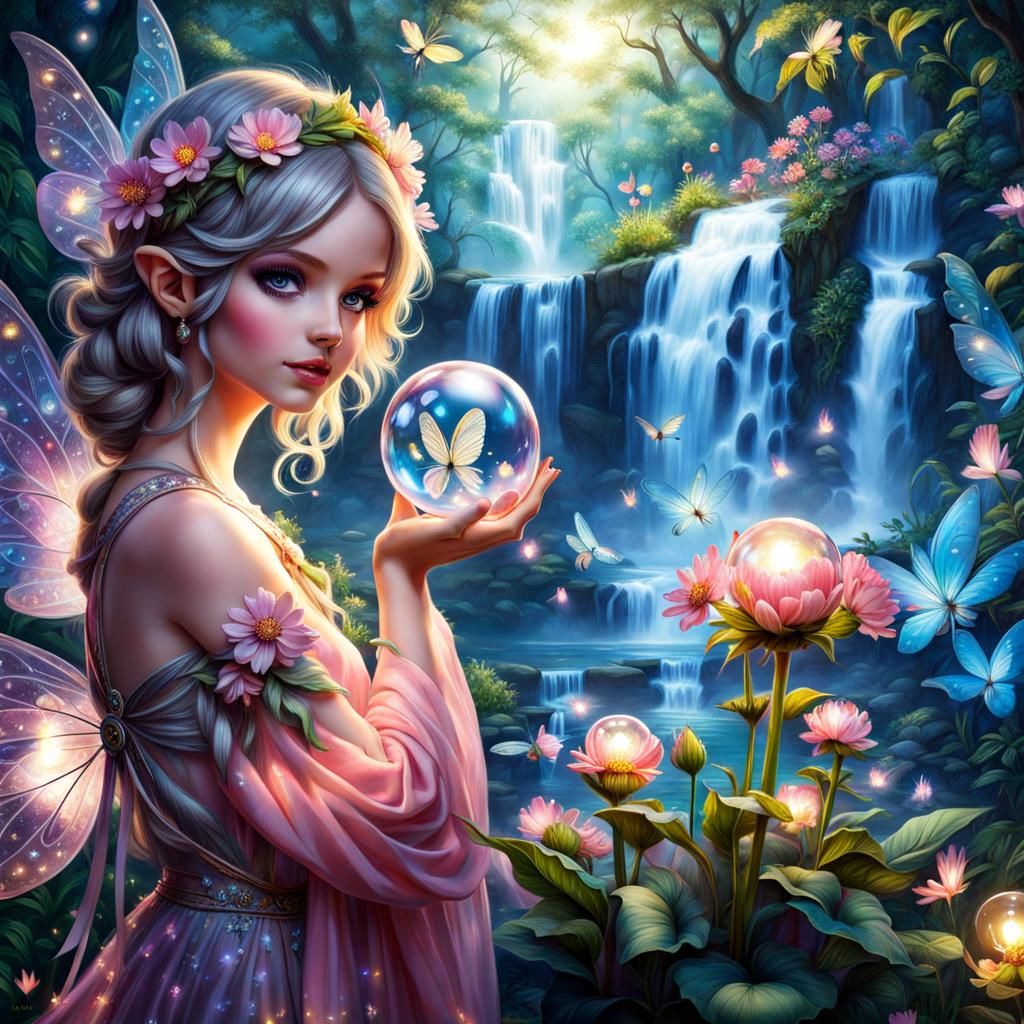Gorgeous Fairy in Magic Garden with Fireflies