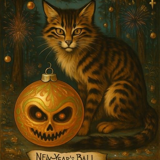 Wild Cat at Haunted New Year's Ball in Bilibin Style