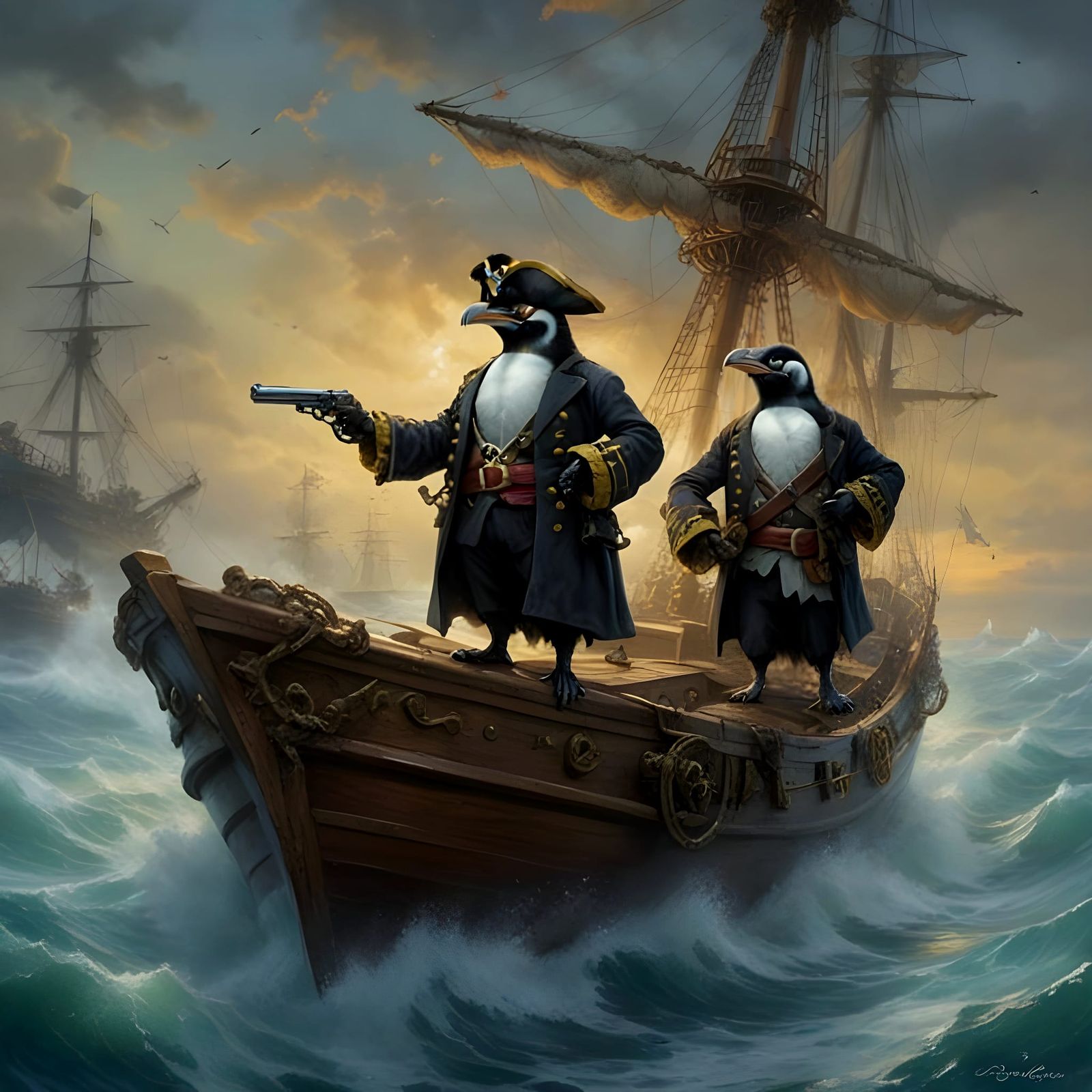 Penguin Pirates Brave Stormy Seas as Ethereal Fantasy Art