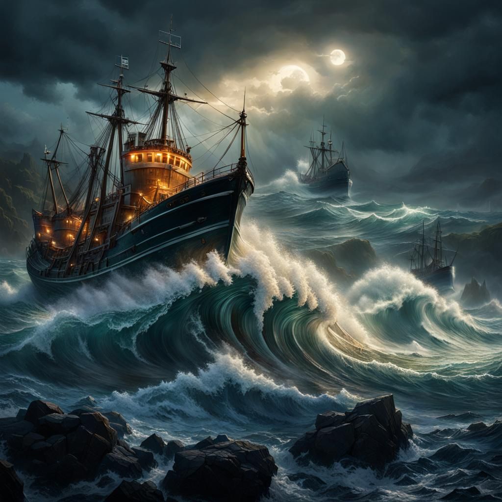 Monstrous Wave Engulfs Trawler: Dark Fantasy Art