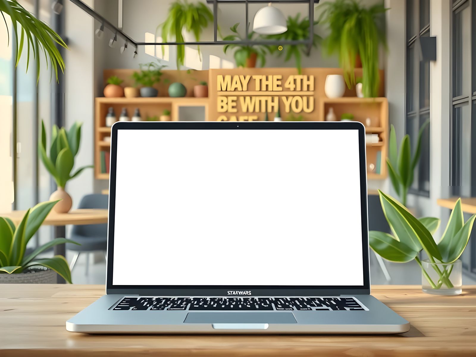 Modern Eco-Friendly Cafe Scene with Laptop and Star Wars Ban...