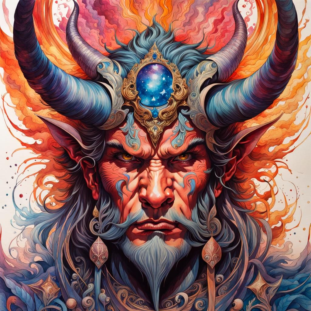 Male Pride Demon in Art Nouveau Watercolor Explosion