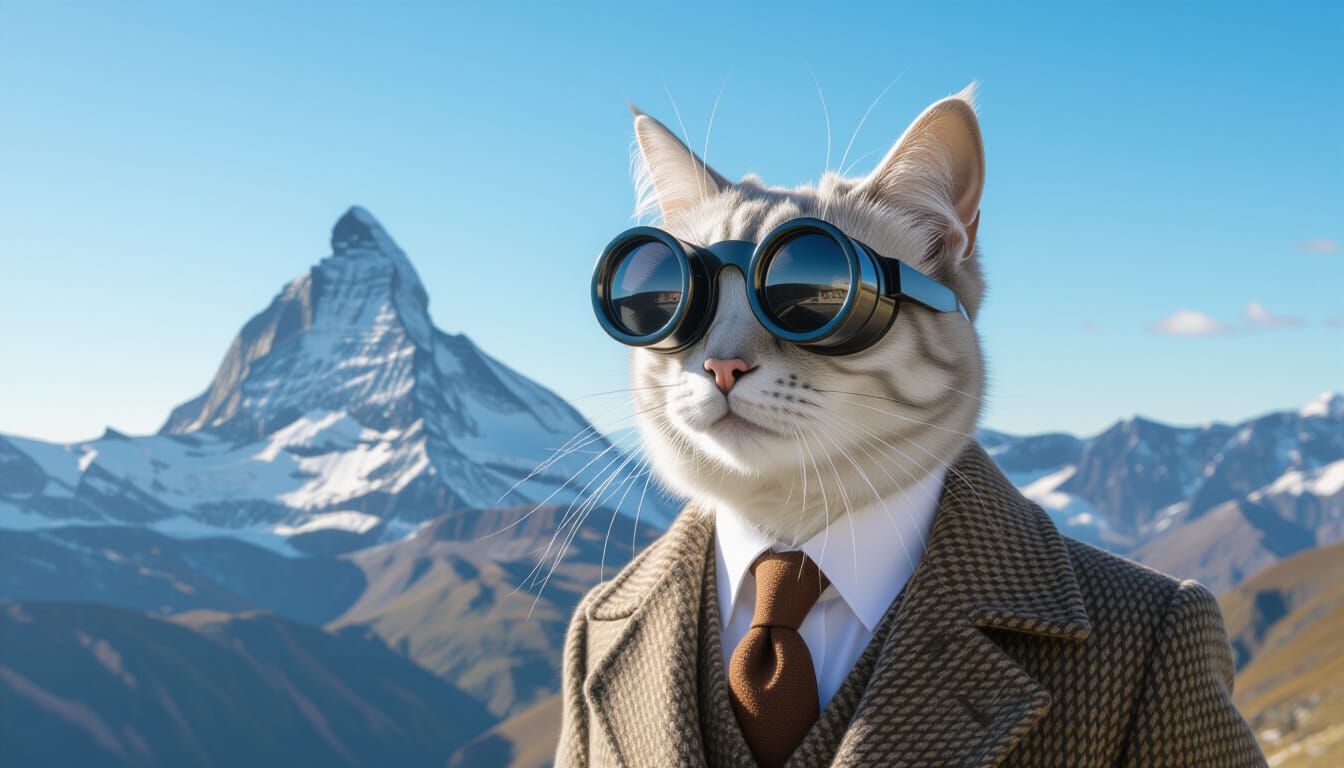 Cat in Overcoat With Binocular Eyes Over Mountains