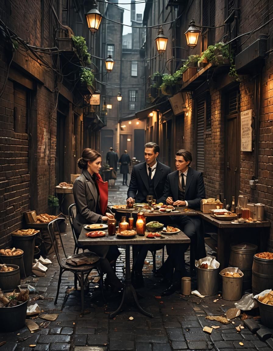 Gourmet Dining in a Grimy Alleyway: Hyperdetailed Art