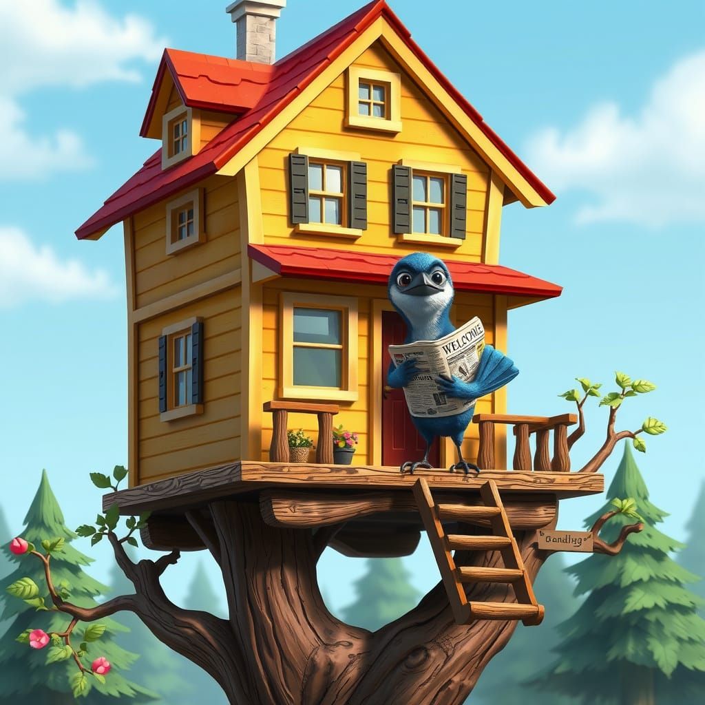 Whimsical Bluejay in Candyland House: Digital Illustration