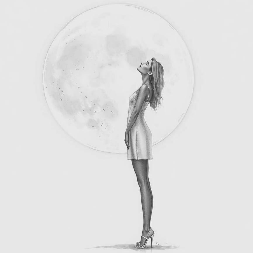 Pencil Sketch of Woman Silhouetted Against Glowing Moon