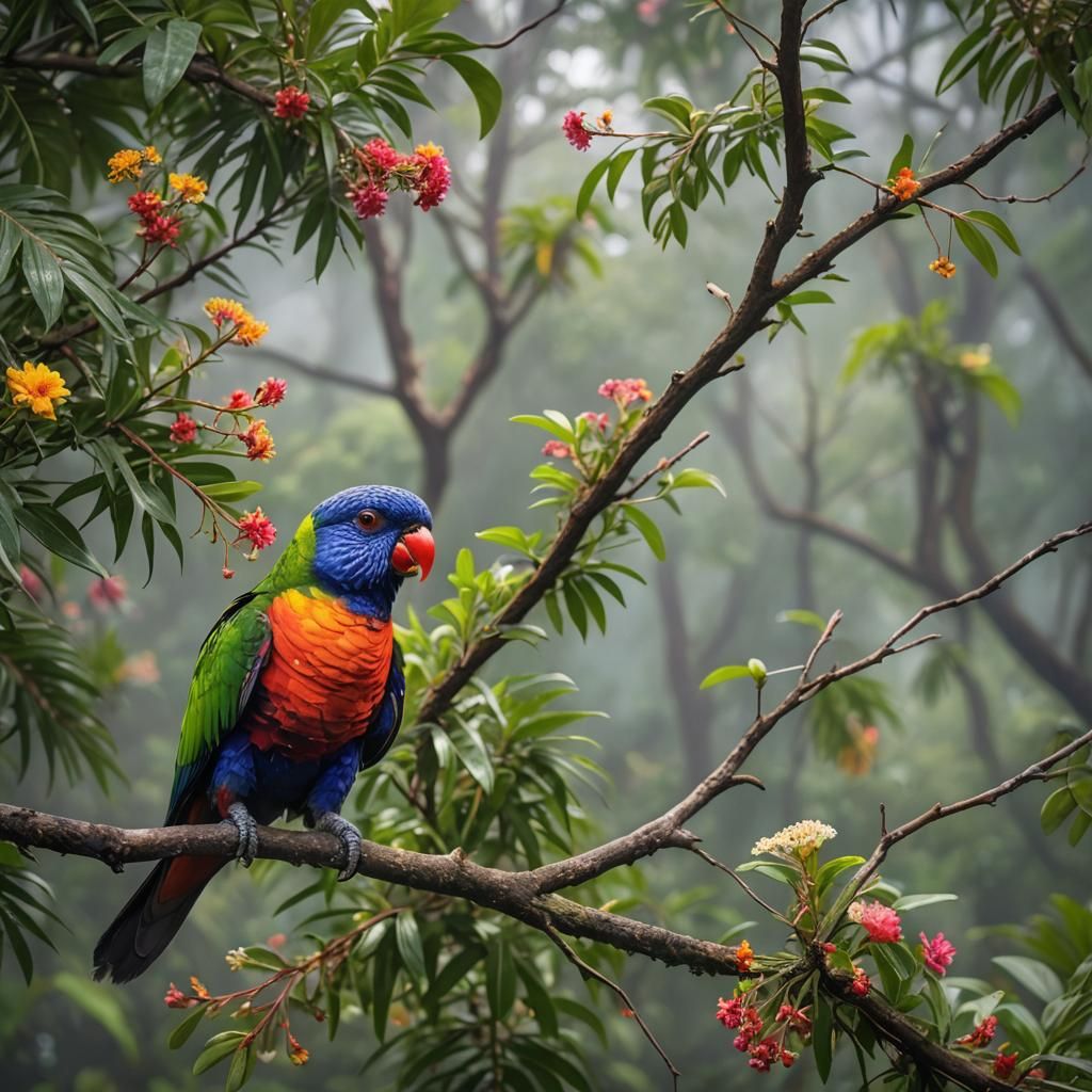 Rainbow Lorikeet Portrait in Lush Rainforest Setting