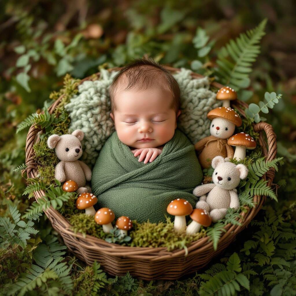 Woodland Newborn in Moss Basket, Impressionistic Style