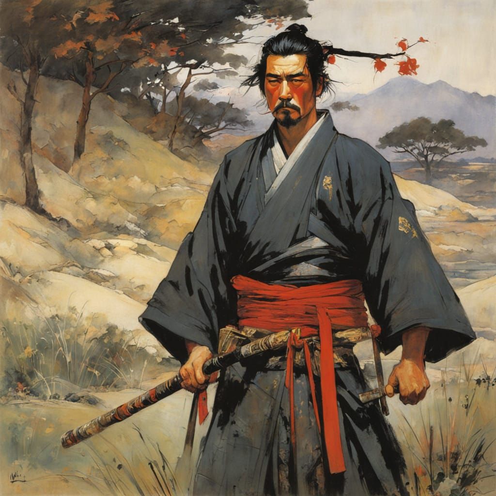 Ethereal Samurai in Misty Landscape