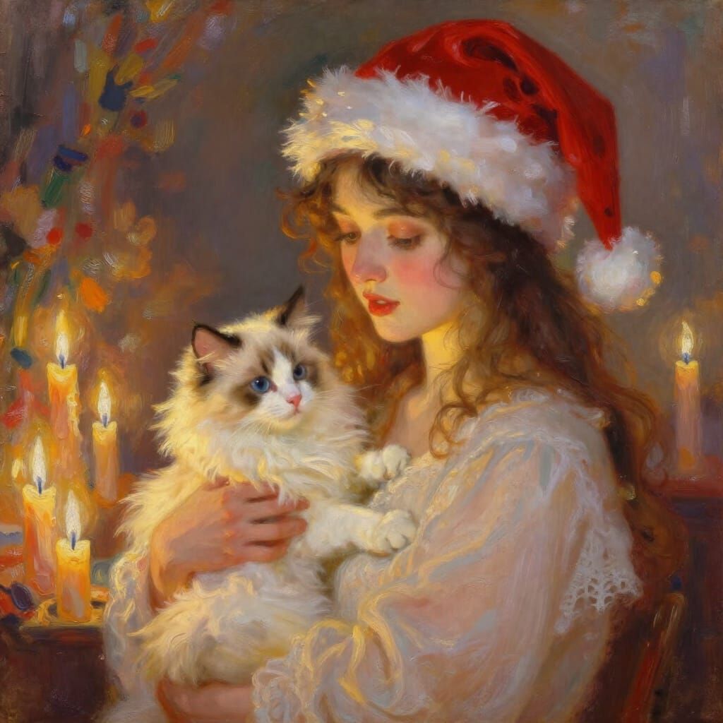 Impressionistic Painting of Woman with Kitten by Candlelight