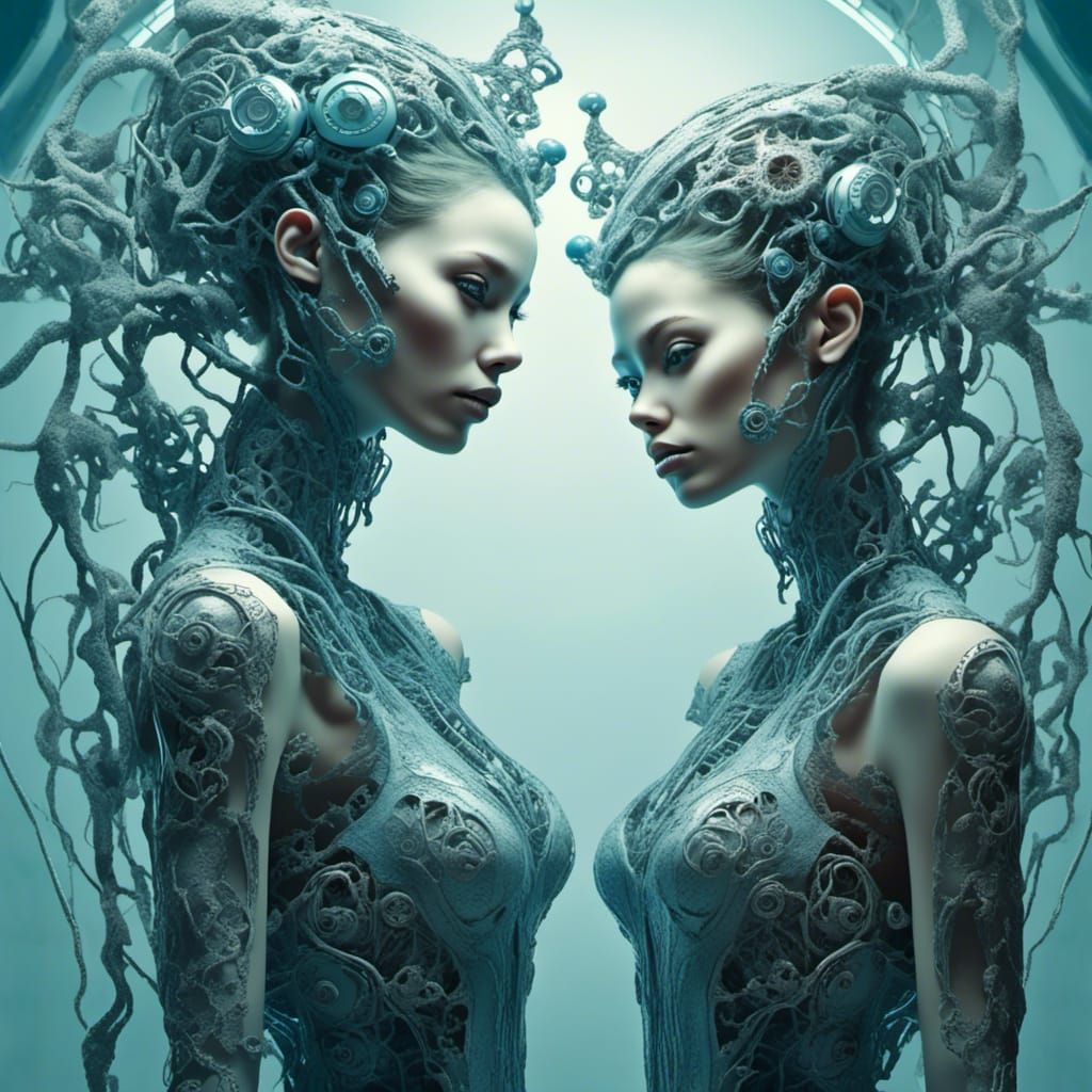 Ominous Biomechanical Cyborg Women with Lace and Pale Light