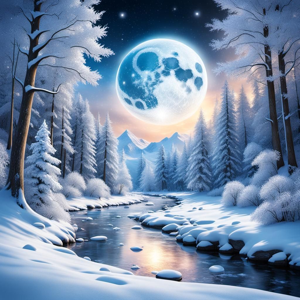 Full Moon Over Snowy Glacial Mountains in Crystal Art