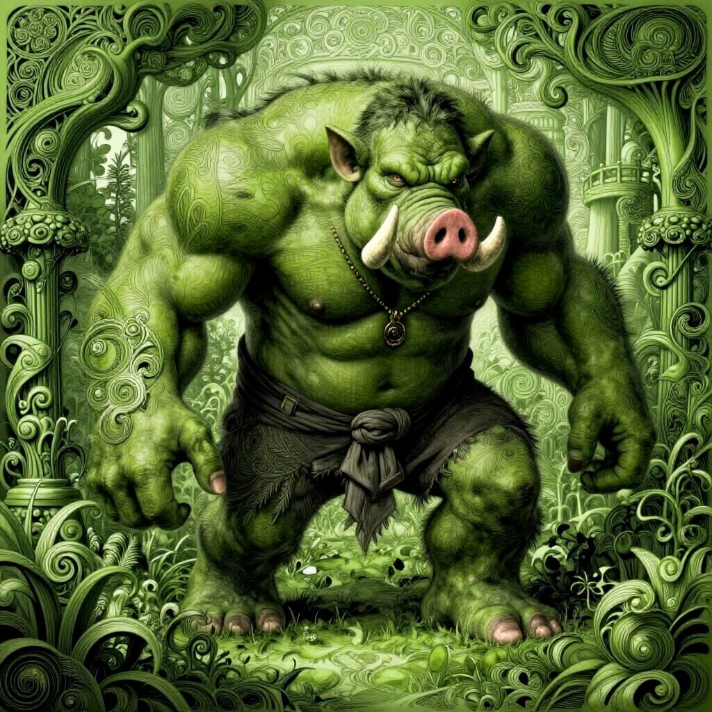 Massive Ork Gardener in Lush Green Garden