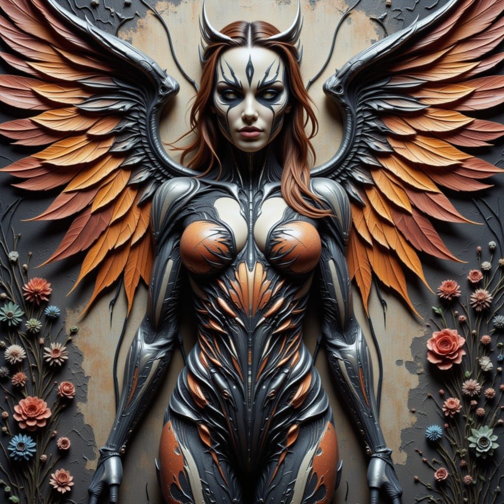 Cyberpunk Angel with Rusty Wings in Embossed Relief Style